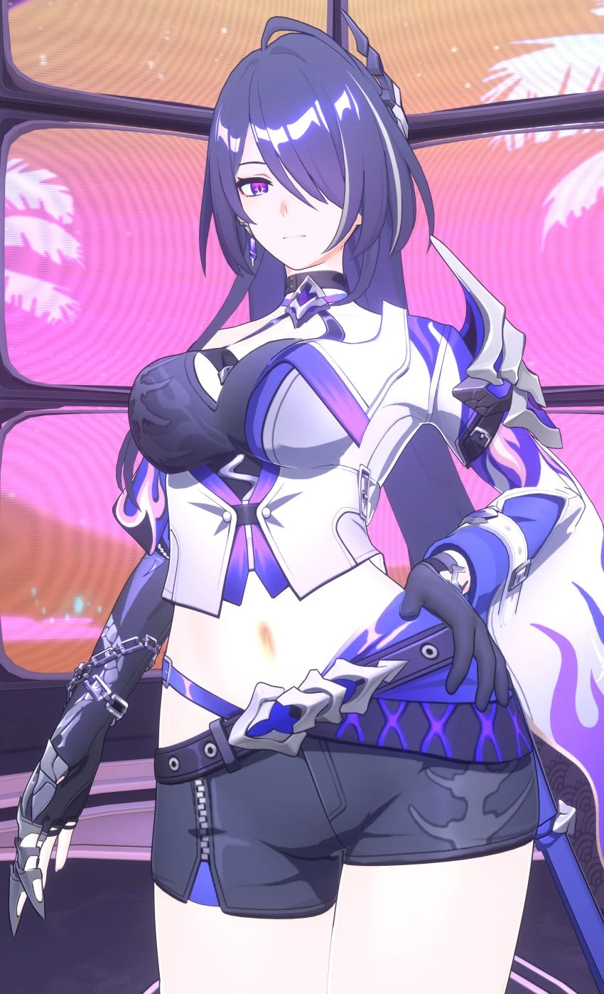 wasarky, honkai (series), honkai: star rail, hoyoverse, mihoyo, acheron (honkai: star rail), 1girls, big breasts, blender, breasts, female, female focus, female only, girl, large breasts, long hair, looking at viewer, purple eyes, purple hair, solo, solo focus, 3d, 3d (artwork), blender (software), not porn