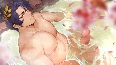 masayoshi togashi (alu379), honkai (series), honkai: star rail, dr. ratio (honkai: star rail), 1boy, abs, bara, black hair, brown eyes, completely nude, erection, falling petals, hair ornament, large pectorals, looking at viewer, male focus, muscular, muscular male, nipples, nude, onsen, pectorals, penis, petals, shirt, short hair, smile, solo, water, wet, wet clothes, wet shirt, highres