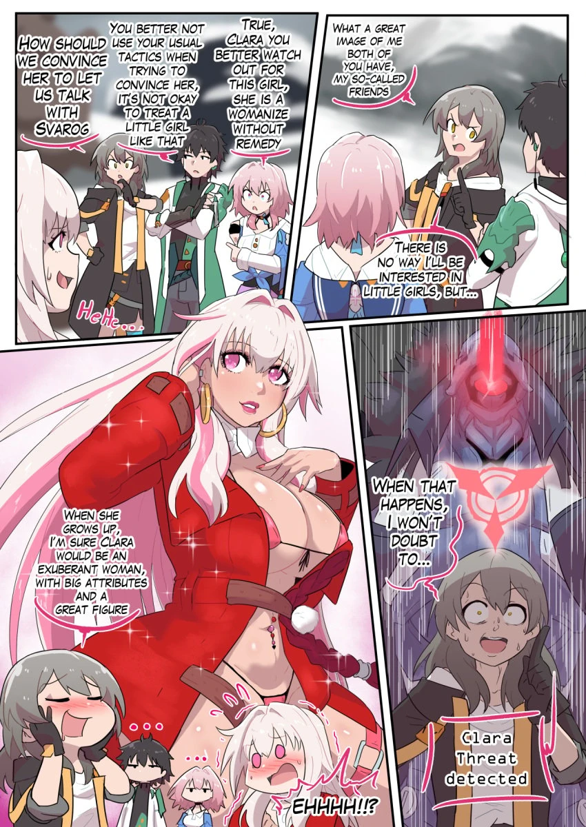 ukaya masaru mx, honkai (series), honkai: star rail, hoyoverse, clara (honkai: star rail), dan heng, march 7th (honkai: star rail), stelle (honkai: star rail), svarog (honkai: star rail), aged up, big breasts, humor, navel piercing, pink hair, 2023, tagme