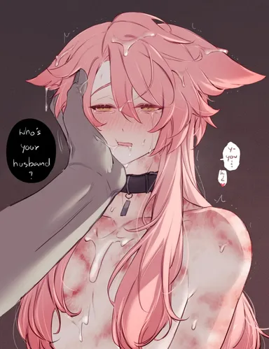 honkai: star rail, mihoyo, afflatus veil, animal humanoid, bite mark, bite mark on chest, bite mark on shoulder, black collar, blush, blush lines, bodily fluids, bruised, canid, canid humanoid, canine, canine humanoid, collar, collar only, cum, cum drip, cum in hair, cum on chest, cum on face, cupping cheek, dripping, duo, fingers, fox ears, fox humanoid, fur, genital fluids, hair, hair covering nipples, humanoid, jiaoqiu, long hair, male, male/male, mammal, mammal humanoid, nude, open mouth, pink body, pink ears, pink fur, pink hair, shaking, sweat, sweatdrop, tears, white body, yellow eyes, hi res, speech bubble, text