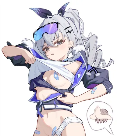 honkai (series), honkai: star rail, silver wolf (honkai: star rail), stelle (honkai: star rail), 2girls, areola slip, bandaid, bandaids on nipples, black jacket, black ribbon, blush, clasped hands, disgusted look, drill hair, eyewear on head, grey eyes, grey hair, groin, hair ribbon, jacket, long hair, looking at viewer, multiple girls, navel, out-of-frame censoring, parted lips, pasties, ponytail, ribbon, shimizu (user hfph8235), shirt, simple background, single bare shoulder, stomach, sunglasses, upper body, white background, white shirt, worshiping, highres