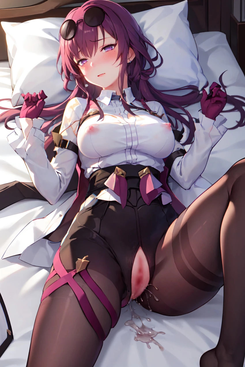 honkai (series), honkai: star rail, kafka (honkai: star rail), glasses, large breasts, mature female, red eyes, red hair, ai generated