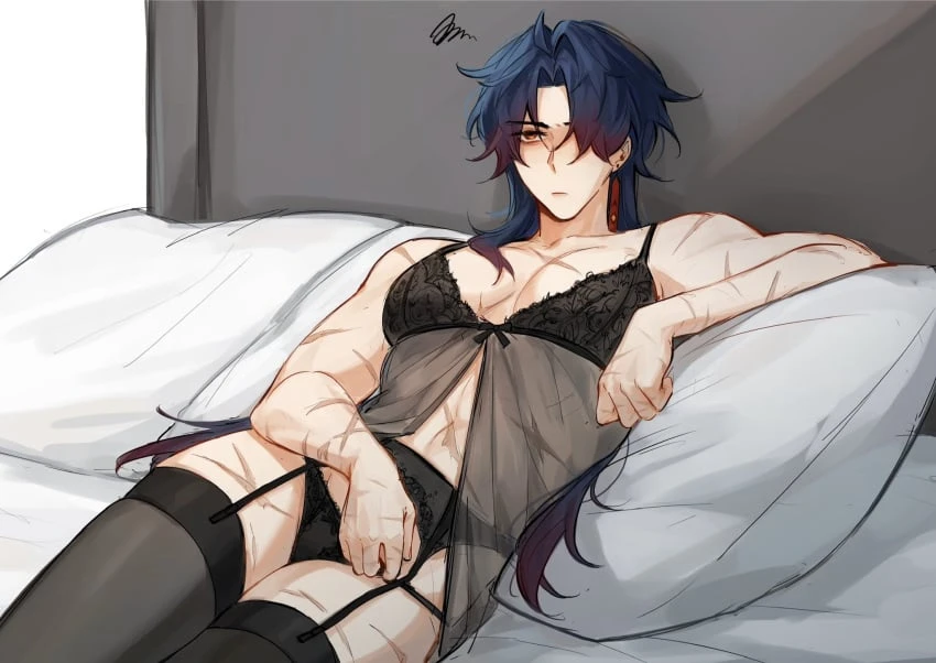 rin65303010, honkai: star rail, blade (honkai: star rail), black lingerie, bra, cuntboy, dark hair, laying down, laying on bed, lingerie, long hair, muscular, panties, scars, scars all over, stockings