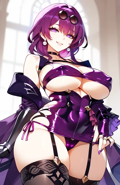 boosterred99, honkai: star rail, kafka (honkai: star rail), black stockings, bodycon, bridal gauntlets, cleavage cutout, curvy, dress, earrings, high-waist shorts, large breasts, miniskirt, purple eyes, purple hair, purple pantyhose, pussy, seductive smile, shirt, side-tie panties, sideboob, smile, stockings, thick thighs, thighs, underboob, white shirt, wide hips, ai generated