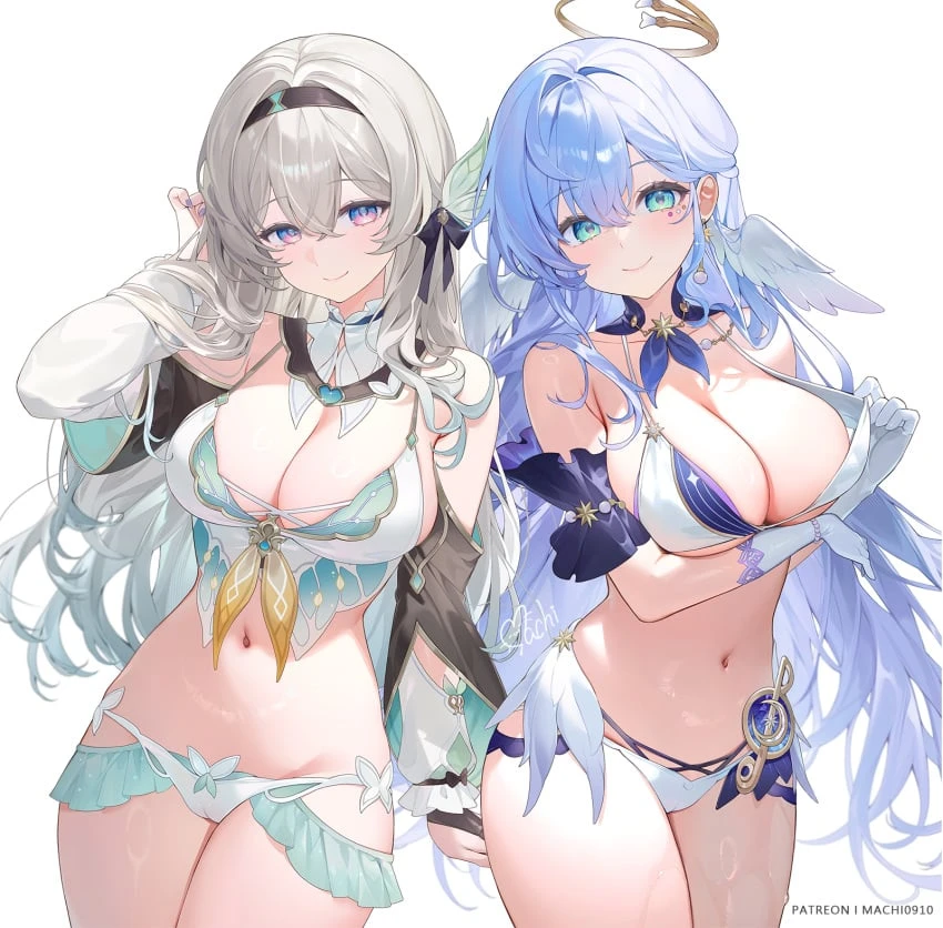 honkai: star rail, firefly (honkai: star rail), robin (honkai: star rail), 2girls, bikini, cameltoe, cute, half-closed eyes, large breasts, looking at viewer, nail polish, one arm up, painted nails, pulling bikini string, seductive, seductive look, seductive smile, shiny skin, simple background, smile, swimsuit, thick thighs, wet skin, white background, wide hips, patreon username