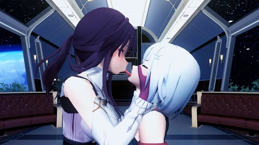 miruno (artist), honkai (series), honkai: star rail, kafka (honkai: star rail), topaz (honkai: star rail), 2girls, blue eyes, hand on face, kissing, lesbian kiss, medium hair, ponytail, purple eyes, purple hair, short hair, tongue, tongue in mouth, tongue kiss, tongue out, tongue sucking, white hair, yuri, 3d