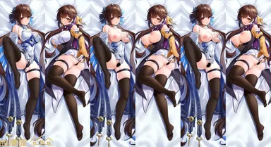 xfate, honkai (series), honkai impact 3rd, honkai: star rail, li sushang, li sushang (jade knight), sushang (honkai: star rail), black panties, black thighhighs, blush, braid, breasts, brown eyes, brown hair, covered navel, dakimakura (medium), female, grabbing own breast, hair ornament, large breasts, leg up, long sleeves, nipples, open mouth, panties, thigh strap, thighhighs, twintails, underwear, censored, chinese commentary, commentary request, highres