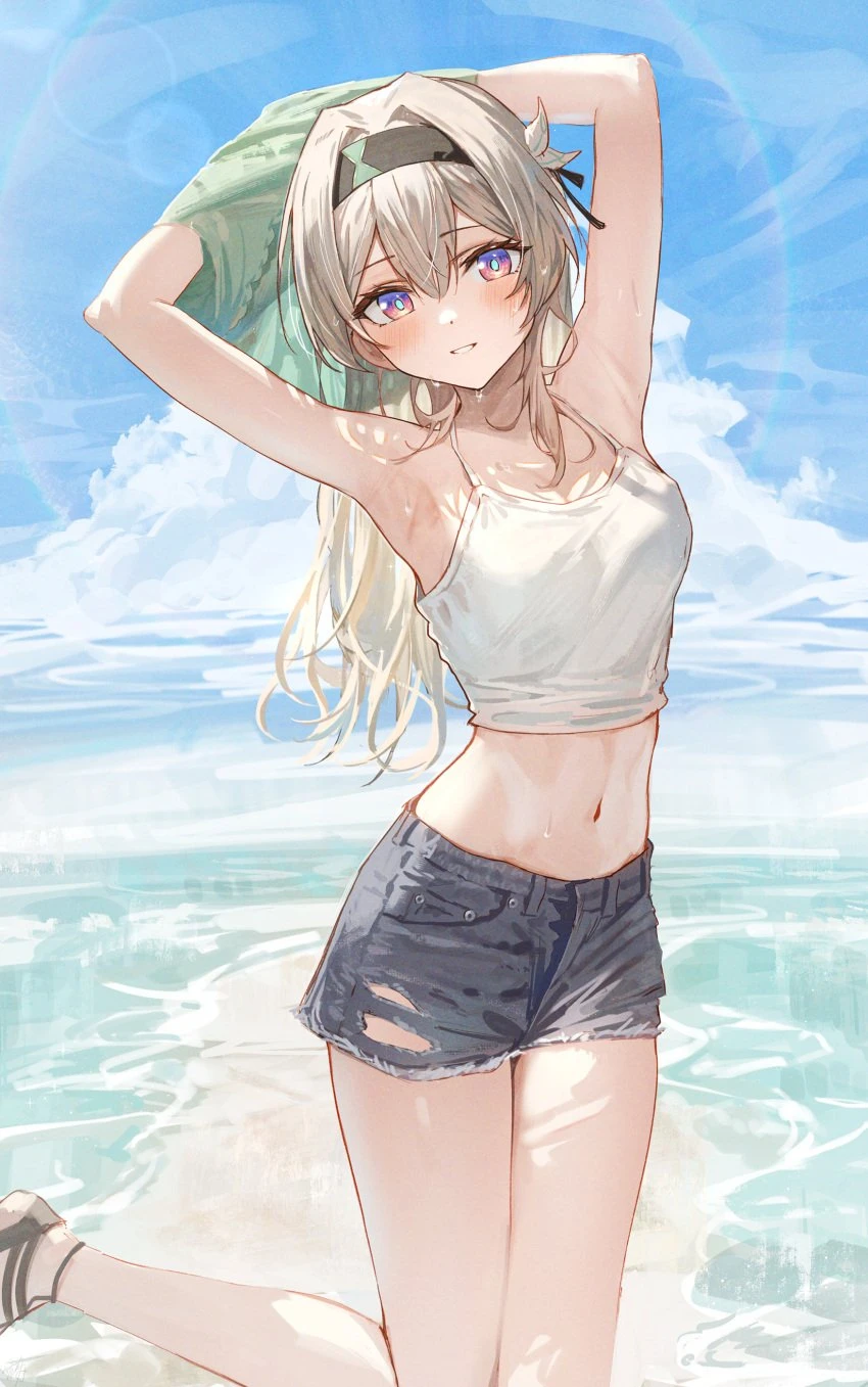 hidulume, honkai: star rail, firefly (honkai: star rail), armpits, belly button, camisole, clothed, gray hair, hair ornament, headband, jean shorts, no bra, non-nude, purple eyes, sandals, sleeveless, standing on one leg, sweatdrop, taking clothes off, 2d, simple background