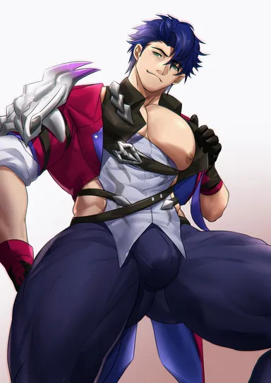 cachic, honkai (series), honkai: star rail, sampo (honkai star rail), big pecs, blue hair, bulge, bulge through clothing, clothed, emerald eyes, green eyes, male, male only, milkers, solo, under view