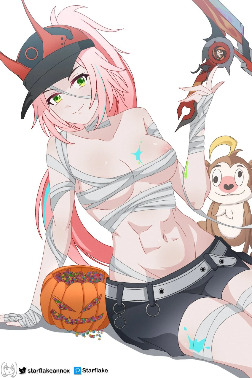 starflake (artist), halloween, honkai (series), honkai: star rail, rappa (honkai: star rail), 1girls, abs, bandage, nipples, smile, solo, solo focus, highres