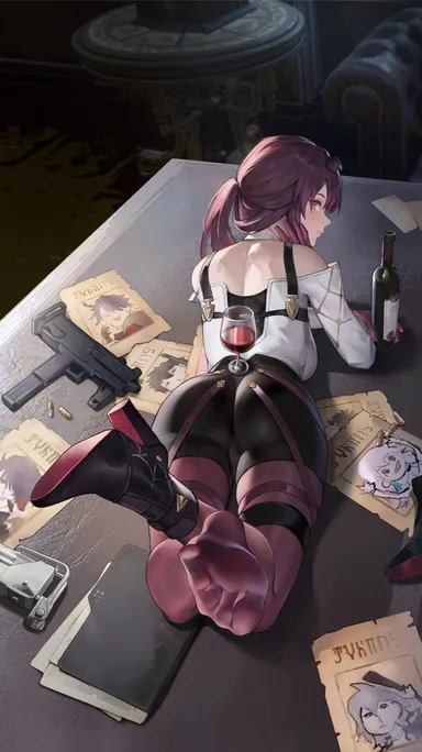 hle64653591, honkai: star rail, kafka (honkai: star rail), ass, dat ass, eyewear on head, feet, looking back, pantyhose, red hair, sunglasses on head, wine, wine glass