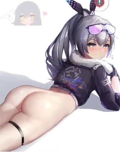 honkai (series), honkai: star rail, silver wolf (honkai: star rail), stelle (honkai: star rail), !, 2girls, ass, bandaid, bandaid on back, black gloves, black jacket, blue hair, blush stickers, bottomless, clenched teeth, closed mouth, cropped jacket, drawing, drill hair, drill ponytail, eyewear on head, from behind, gloves, goggles, goggles on head, grey eyes, grey hair, heart, jacket, looking at viewer, looking back, lying, multicolored hair, multiple girls, on stomach, panties, pussy, simple background, solo focus, streaked hair, sunglasses on head, teeth, thigh strap, underwear, white background, white panties, wsad4073 (40739983), yellow eyes, commentary request, gameplay mechanics, highres