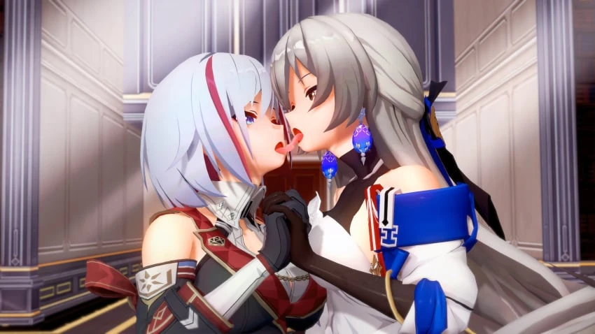 miruno (artist), honkai (series), honkai: star rail, bronya rand, topaz (honkai: star rail), 2girls, blue eyes, french kiss, grey eyes, grey hair, kissing, lesbian kiss, lesbinan, long hair, short hair, tongue, tongue out, tongue wrap, white hair, yuri, 3d