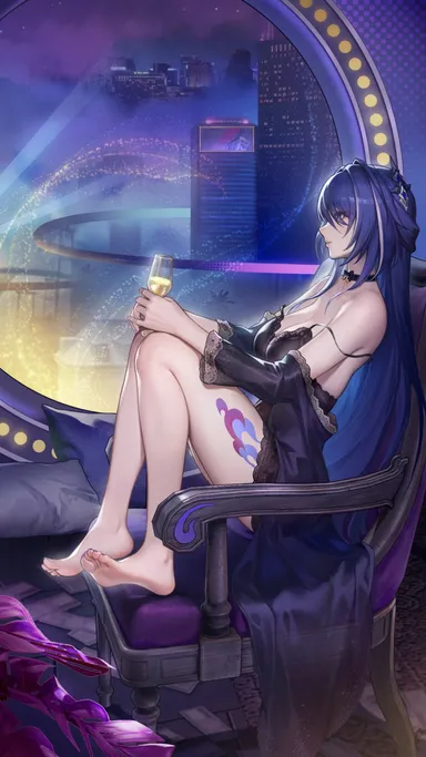 hle, le (huanglongen), honkai (series), honkai: star rail, hoyoverse, mihoyo, acheron (honkai: star rail), 1girls, ankles, arms, bangs, barely clothed, breasts, chair, city, city background, cityscape, cleavage, collarbone, dress, drink, drinking, feet, feet fetish, feet focus, feet on chair, feet together, female, foot fetish, foot focus, fringe, hair covering eye, hair covering eyes, hair highlights, hands on knees, legs, light clothing, lingerie, lips, long dress, long hair, long legs, night, night sky, nightdress, nightgown, nighttime, nose, purple hair, scenery, shoulders, sitting, sitting down, sitting on chair, tattoo, thick thighs, thigh tattoo, thighs, white highlights, wine, wine glass