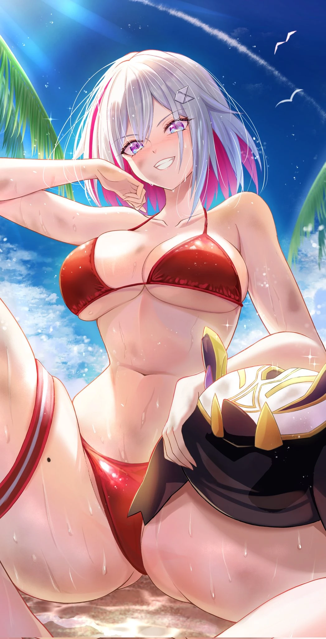 penguintake, honkai (series), honkai: star rail, numby (honkai: star rail), topaz (honkai: star rail), bikini, blue eyes, breasts, colored inner hair, confident, day, dirt, female, from below, grin, large breasts, looking at viewer, looking down, medium hair, mole, mole on thigh, multicolored hair, navel, outdoors, palm tree, red bikini, red hair, sky, smile, smug, smug grin, solo, streaked hair, swimsuit, tree, trotter (honkai: star rail), two-tone hair, white hair, commentary, highres