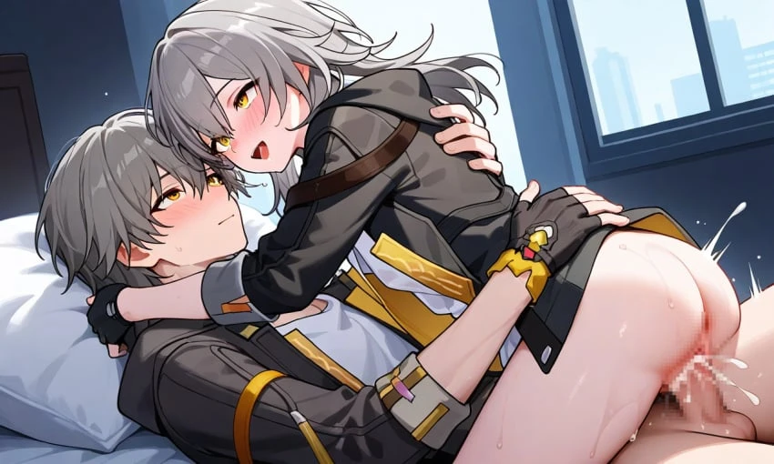 zenaai, honkai: star rail, patreon, caelus (honkai: star rail), stelle (honkai: star rail), trailblazer (honkai: star rail), 1boy1girl, 1girl1boy, 1girls, ahe gao, ahegao face, ass, bed, cum, cum in pussy, cum inside, cumshot, grey hair, hug, penis, sex, sweat, vaginal penetration, wet, ai generated, censored