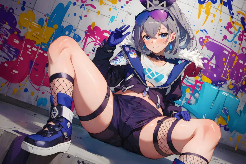 honkai: star rail, silver wolf (honkai: star rail), 1girls, boots, crop top, fishnets, fur trim, fur-trimmed jacket, goggles on head, grey eyes, grey hair, long hair, looking at viewer, midriff, open jacket, ponytail, short shorts, silver eyes, silver hair, smile, solo, spread legs, tank top, thigh strap, thighs, white shirt, 2d, ai generated, hi res