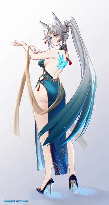 honkai: star rail, hoyoverse, feixiao (honkai: star rail), animal ears, ass, back, back tattoo, back view, backless outfit, blue eyes, blue hair, breasts, dress, fox ears, fox girl, long hair, multicolored hair, sideboob, thighs, white hair