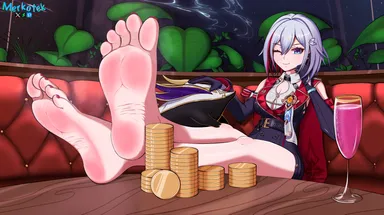 honkai (series), honkai: star rail, numby (honkai: star rail), topaz (honkai: star rail), 1girls, blue eyes, couch, cup, drinking glass, feet, feet together, foot focus, gem, gold, legs, merkotek, money, nail polish, plant, smile, soles, space, toenail polish, toenails, toes, trotter (honkai: star rail), white hair, window, absurdres, highres