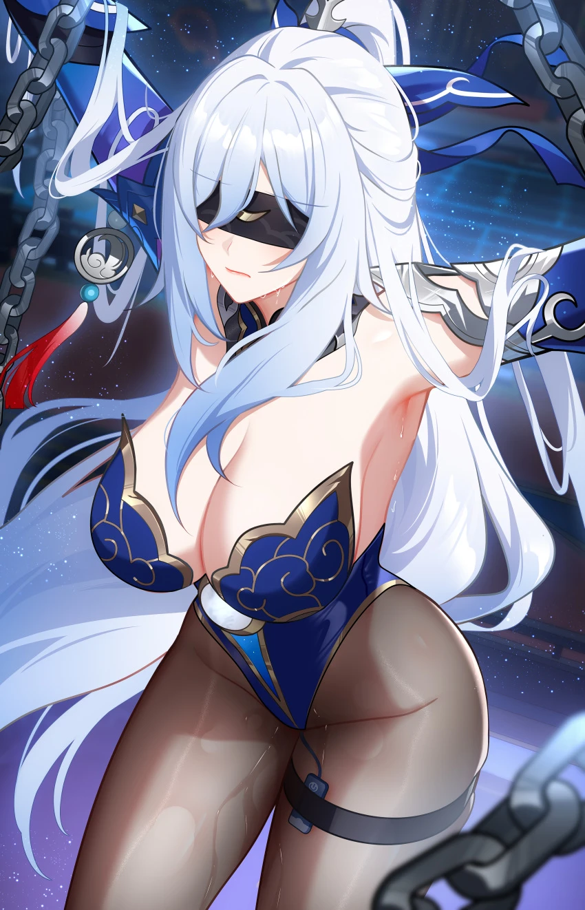 wu ganlan cai, honkai (series), honkai: star rail, jingliu (honkai: star rail), armpits, arms up, bare shoulders, blindfold, blue leotard, blush, breasts, brown pantyhose, chains, cleavage, closed mouth, detached collar, detached sleeves, female, gold trim, hair ornament, hair ribbon, highleg, highleg leotard, large breasts, leotard, long hair, pantyhose, ponytail, pussy juice, ribbon, sex toy, solo, thigh strap, thighs, vibrator, vibrator cord, vibrator in thigh strap, white hair, absurdres, highres