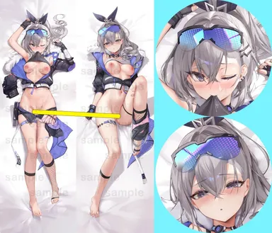 daefny, honkai (series), honkai: star rail, silver wolf (honkai: star rail), black gloves, black ribbon, black shorts, black socks, blush, breasts, clothes pull, cum, cum on body, cum on breasts, dakimakura (medium), ear piercing, facial, female, fingerless gloves, fishnet socks, fishnets, fur trim, fur-trimmed jacket, gloves, goggles, goggles on head, grey hair, hair between eyes, hair ornament, hair ribbon, hairclip, jacket, looking at viewer, lying, medium breasts, mouth pull, multiple views, nipples, on back, one eye closed, parted lips, piercing, ponytail, ribbon, sample watermark, shorts, shorts pull, single sock, socks, censored, highres, watermark