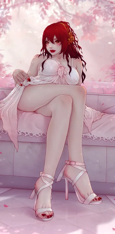 soranamae, honkai: star rail, hoyoverse, himeko (honkai: star rail), 1girls, breasts, crossed legs, dress, eyeshadow, feet, female, female focus, flower in hair, hair between eyes, hair ornament, high heels, legs, lipstick, long hair, looking at viewer, makeup, nail polish, orange eyes, ponytail, red hair, red lips, red lipstick, red nail polish, red nails, sitting, solo, white dress, highres