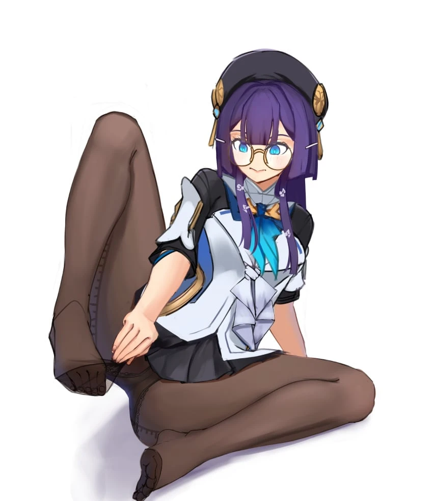 qweeli, honkai (series), honkai: star rail, pela (honkai: star rail), 1girls, blue hair, feet, female, glasses, hat, long hair, pantyhose, pantyhose pull, skirt, solo, spread legs, thick thighs