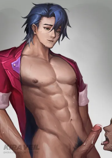 kiraveilart, honkai: star rail, sampo (honkai star rail), 2boys, abs, blowjob, blue hair, cum, cum drip, cum in mouth, cum on face, gay, gay blowjob, green eyes, muscular, muscular male, sweating, sweaty body, unbuttoned shirt, yaoi, digital media (artwork)