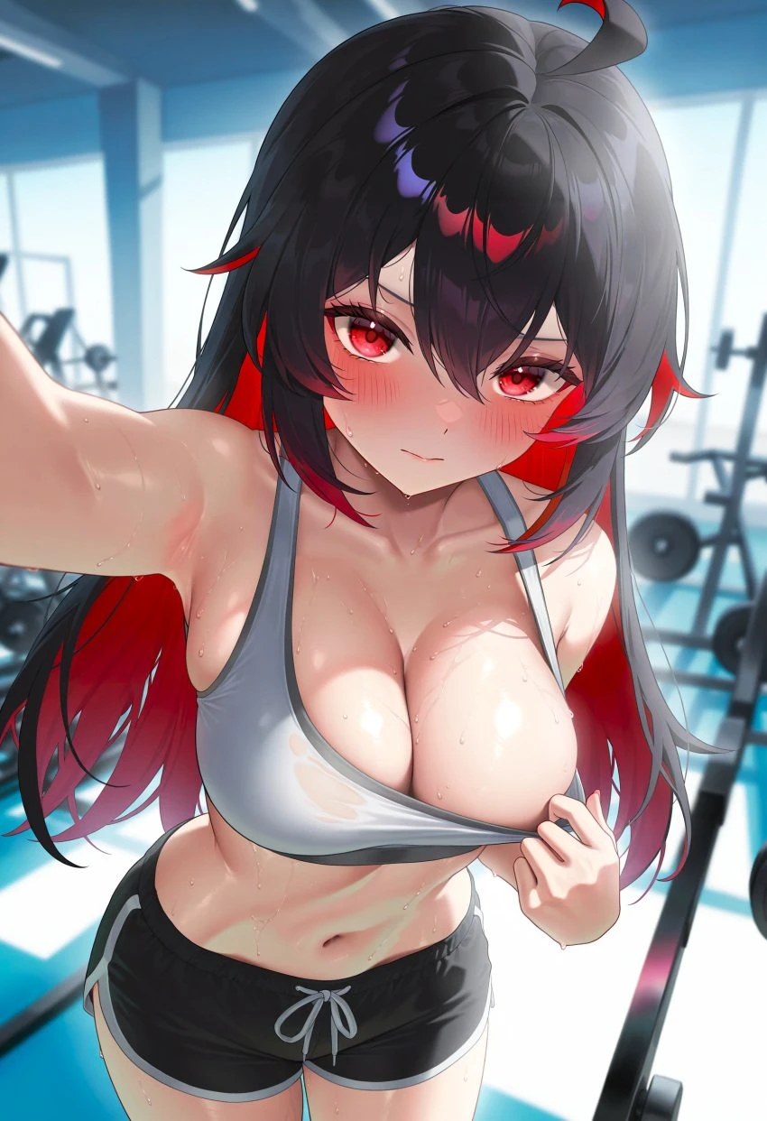 honkai: star rail, seele (honkai: star rail), seele vollerei, 1girls, belly, belly button, breasts, cleavage, dyed hair, gym, gym clothes, large breasts, looking at viewer, midriff, navel, red eyes, red hair, selfie, shorts, sports bra, sweat, sweating, sweaty body, ai generated, nai diffusion, stable diffusion