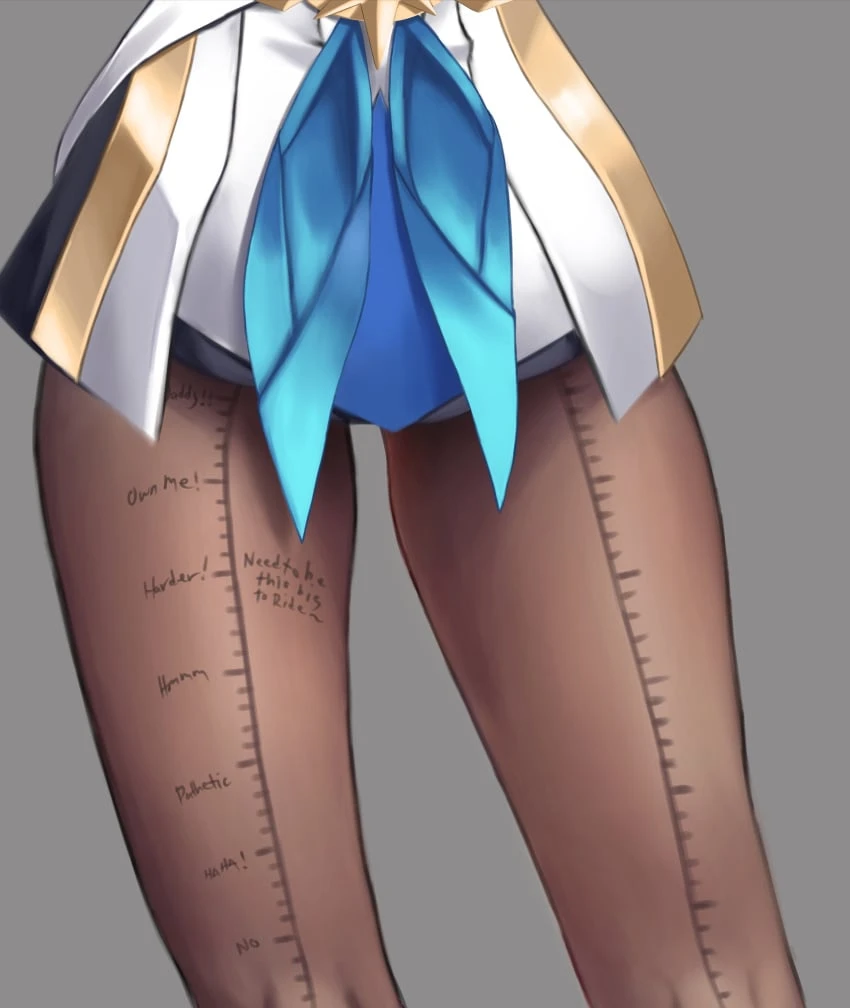 milarkavelik, honkai (series), honkai: star rail, pela (honkai: star rail), 1girls, blue eyes, blue hair, body writing, female, glasses, long hair, measuring, measuring penetration depth, pantyhose, penetration depth mark, thigh gap, thighs