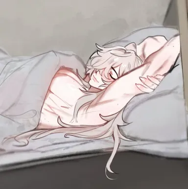 ilewdha, honkai (series), honkai: star rail, jing yuan, 1boy, arms above head, arms behind head, arms up, bed, bedroom, closed eyes, long hair, sleeping, smile, smiling, solo, solo focus, solo male, under covers, white hair