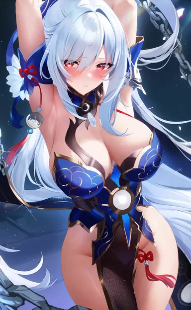 fantongjun, honkai: star rail, jingliu (honkai: star rail), 1girls, armpits, arms up, big breasts, blush, chains, curvy, female, female only, large breasts, long hair, looking at viewer, red eyes, solo, solo female, thick, thick thighs, voluptuous, white hair, wide hips