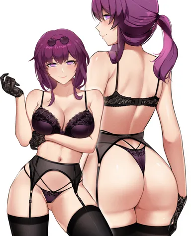 hioyami, honkai (series), honkai: star rail, kafka (honkai: star rail), arms at sides, ass, back, bare shoulders, black gloves, black thighhighs, blush, bra, breasts, cleavage, collarbone, contrapposto, cowboy shot, dark background, earrings, eyewear on head, female, from behind, garter belt, glasses, gloves, gluteal fold, hair tie, hands on own thighs, highleg, highleg panties, jewelry, lace, lace bra, lace gloves, lace trim, lace-trimmed bra, large breasts, legs together, lingerie, long hair, looking at viewer, looking back, median furrow, multi-strapped panties, multiple views, navel, no pupils, panties, pince-nez, ponytail, purple bra, purple eyes, purple hair, purple panties, round eyewear, sideways glance, simple background, smile, standing, sunglasses, thighhighs, thighs, thong, underwear, underwear only, wide hips, absurdres, artist name, highres, patreon username, profile