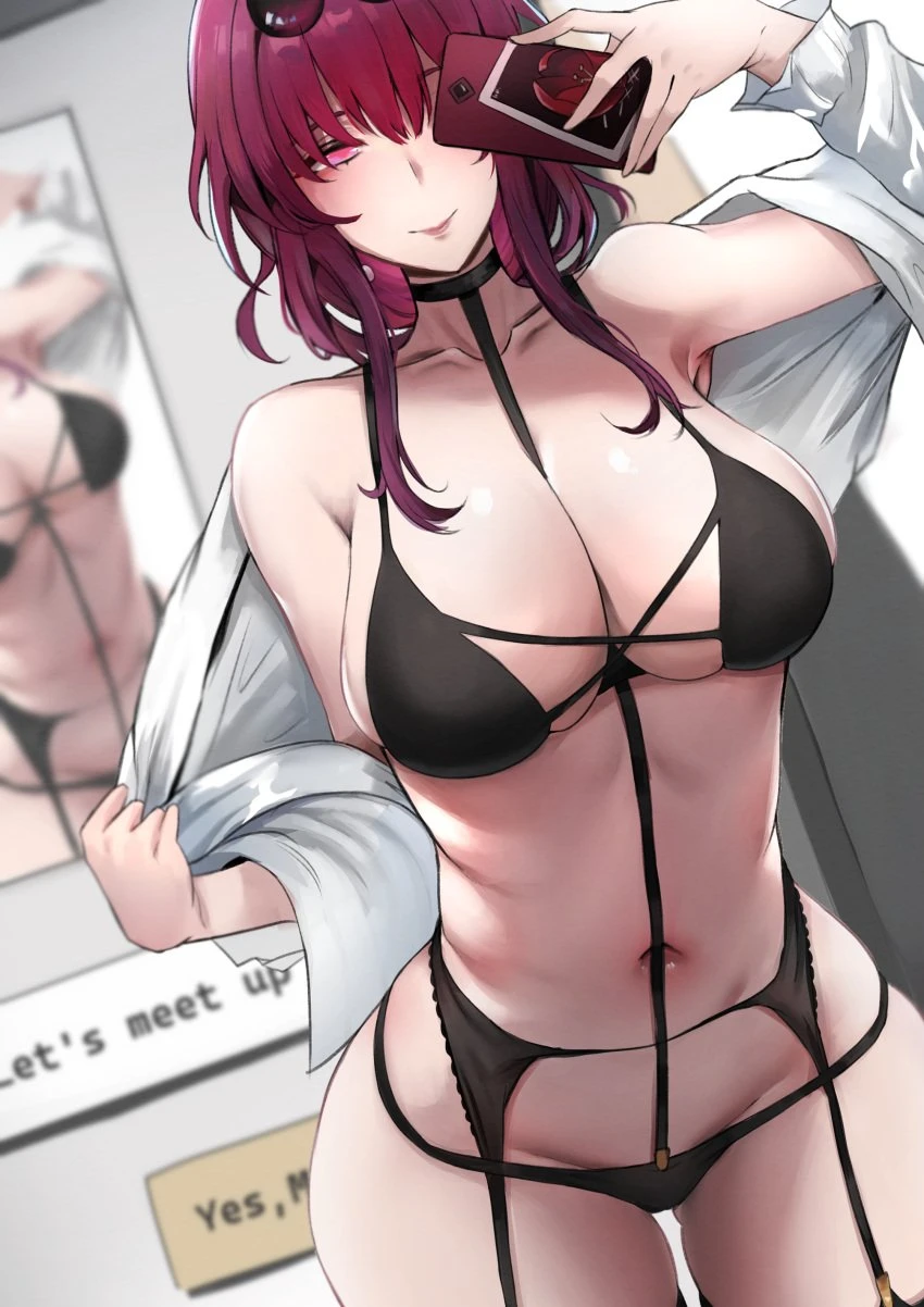 hans-kun, honkai: star rail, kafka (honkai: star rail), 1girls, eye-level view, female, female focus, female only, large breasts, leash, lingerie, phone, selfie, solo, taking clothes off