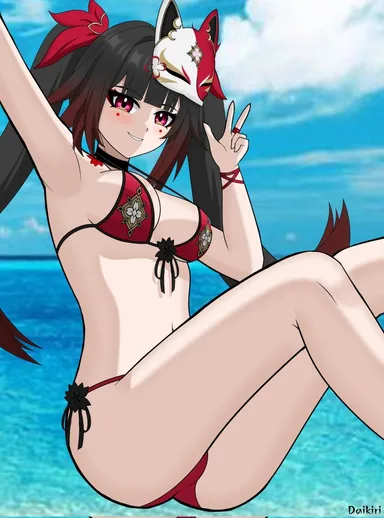 daikiri di mon, honkai (series), honkai: star rail, sparkle (honkai: star rail), 1girls, accessory, beach, bikini, black hair, breasts, choker, hair ornament, legs, looking at viewer, mask, multicolored hair, red eyes, tattoo