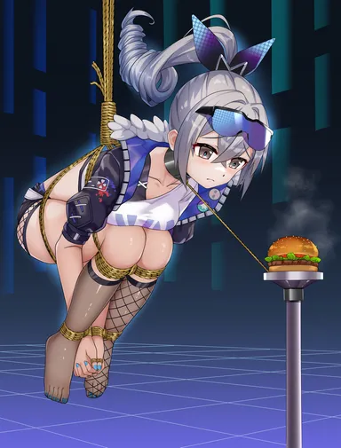 honkai (series), honkai: star rail, silver wolf (honkai: star rail), 1girls, bondage, bound, bound wrists, collar, eyewear on head, glasses, hamburger, leash, silver hair, sunglasses on head, suspended, tied up