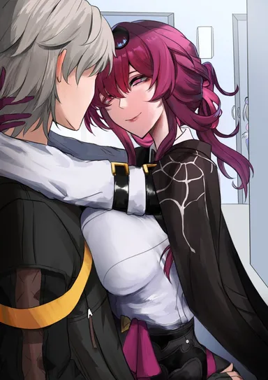 hans-kun, honkai: star rail, caelus (honkai: star rail), kafka (honkai: star rail), silver wolf (honkai: star rail), 1boy, 2girls, ass, bedroom eyes, big ass, big breasts, blush, breast press, breasts, clothing, doorway, female, flirting, half-closed eyes, hands on another's ass, hands on ass, indoors, intimate, male, pout, pouting, teasing, thick thighs, wide hips, png