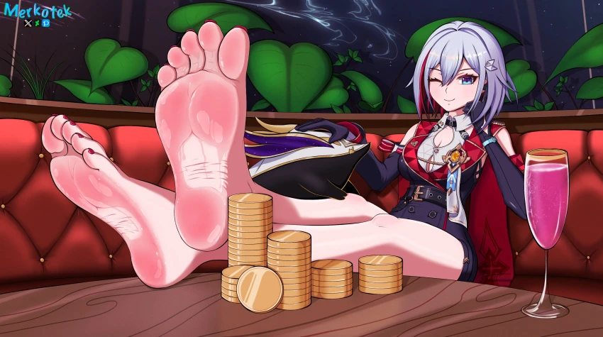 honkai (series), honkai: star rail, numby (honkai: star rail), topaz (honkai: star rail), 1girls, blue eyes, couch, cup, drinking glass, feet, feet together, foot focus, gem, gold, legs, merkotek, money, nail polish, plant, smile, soles, space, toenail polish, toenails, toes, trotter (honkai: star rail), white hair, window, absurdres, highres