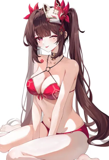 lynn720, honkai (series), honkai: star rail, sparkle (honkai: star rail), 1girls, belly button, bikini, bikini bottom, bikini top, bra, brown hair, cleavage, female, female focus, female only, fox mask, front view, light skin, light-skinned female, long hair, looking at viewer, mask, mask on head, medium breasts, navel, pink eyes, red bikini bottom, red bikini top, red bra, red swimsuit, red thong, sitting, slim girl, smiling, smiling at viewer, solo, solo female, solo focus, swimsuit, thong, twintails, two tone hair, 2d, 2d (artwork), high resolution, highres, simple background, white background