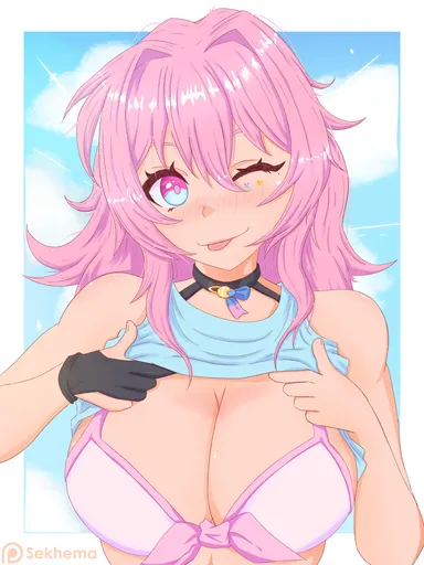 honkai (series), honkai: star rail, march 7th (honkai: star rail), big breasts, bra, breasts, busty, pink eyes, pink hair, shirt, shirt lift, shirt up