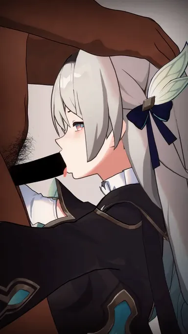 sferret, honkai (series), honkai: star rail, hoyoverse, mihoyo, firefly (honkai: star rail), 1boy, 1girls, blowjob, clothed female nude male, dark skin, dark-skinned male, deepthroat, fellatio, forced oral, grey hair, hair ornament, hand on another's head, interracial, light skin, light-skinned female, male pubic hair, pink eye, pubic hair, side view, white hair, 3d, animated