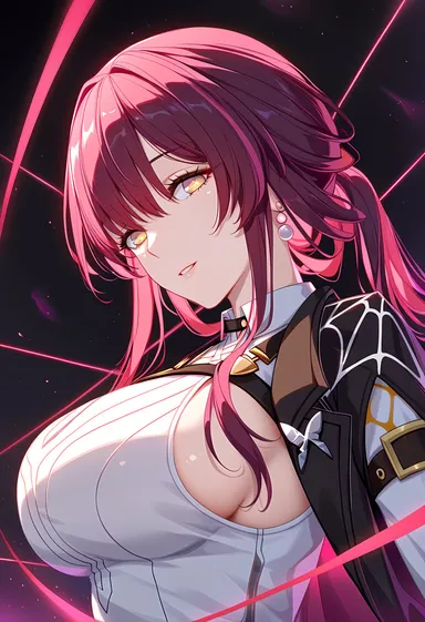 límíng zhī xià, honkai: star rail, hoyoverse, pixiv, kafka (honkai: star rail), big breasts, brown eyes, earrings, glowing eyes, long hair, long sleeves, looking at viewer, purple hair, sideboob, slim waist, smile, smiling, smiling at viewer, tied hair, viewed from below, ai generated, portrait