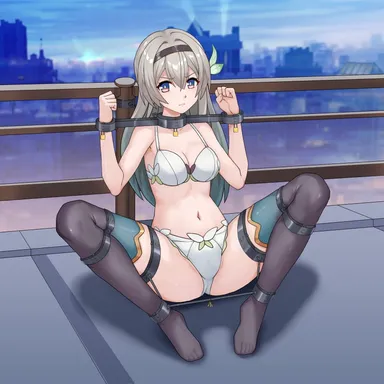 haimei1980, honkai: star rail, firefly (honkai: star rail), 1girls, blue eyes, bondage, bound, bra, city, city background, cityscape, collar, female, female only, femsub, gradient eyes, hair, hair ribbon, hairband, helpless, helpless girl, legs apart, legs held open, long hair, medium breasts, metal collar, multicolored ears, outdoors, outside, padlock, panties, pink eyes, restrained, revealing clothes, rooftop, silver hair, spreader bar, steel bondage, stockings, submissive, submissive female, thigh cuffs, thighhighs, white bra, white panties, yoke, yoke (restraint)