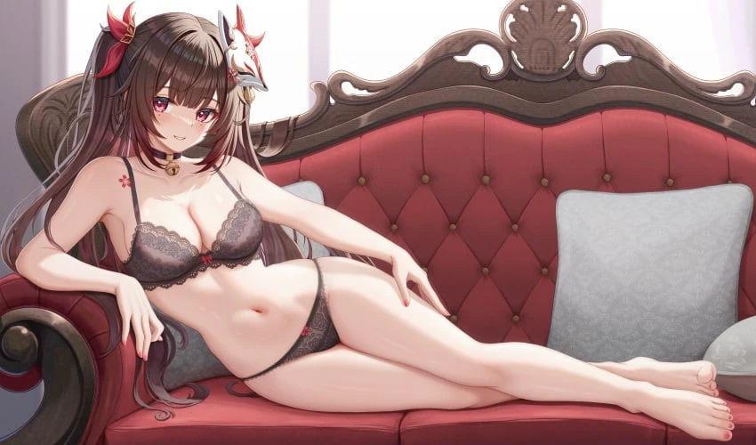 arus, honkai (series), honkai: star rail, sparkle (honkai: star rail), 1girls, barefoot, bell, black bra, black panties, bra, breasts, cleavage, collarbone, couch, elbow rest, facial mark, female, female only, flower tattoo, fox mask, indoors, large breasts, long hair, looking at viewer, lying, mask, mask on head, nail polish, navel, neck bell, on couch, on side, panties, pink eyes, red nails, smile, solo, tattoo, toenail polish, toenails, twintails, underwear, absurdres, commentary request, highres, mixed-language commentary, variant set