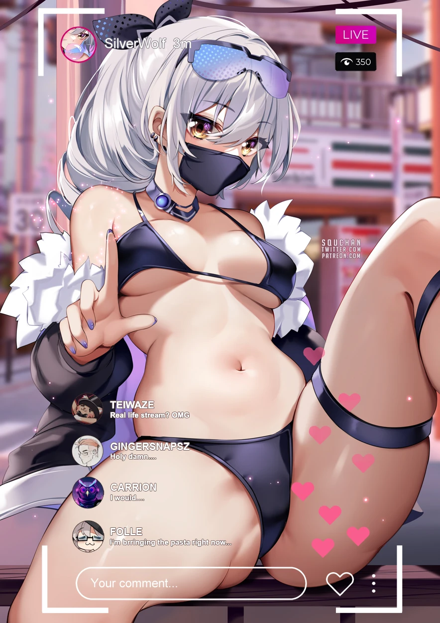 squchan, honkai (series), honkai: star rail, silver wolf (honkai: star rail), 1girls, bikini top, breasts, eyewear on head, female, light skin, light-skinned female, livestream, mask, medium breasts, stream chat, stream ui, sunglasses on head, thighs, white hair