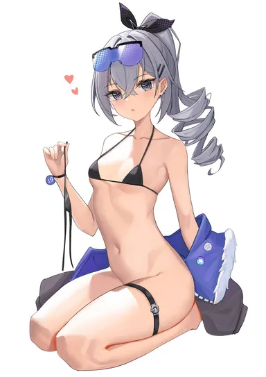 honkai: star rail, silver wolf (honkai: star rail), :o, eyewear on head, female only, goggles on head, heart, micro bikini, pants off, playful, simple background, small breasts, solo, sunglasses on head, white background