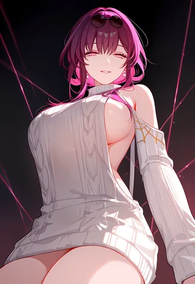 límíng zhī xià, honkai: star rail, hoyoverse, kafka (honkai: star rail), big breasts, bob cut, earrings, gloves, glowing eyes, long hair, long sleeves, looking at viewer, purple eyes, purple hair, slim waist, smiling at viewer, sweater, thick thighs, tied hair, tummy, underboob, viewed from below, virgin killer sweater, wide hips, ai generated