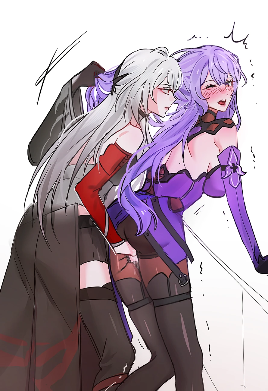 honkai (series), honkai: star rail, acheron (honkai: star rail), black swan (honkai: star rail), 2girls, 9 (hcl9fg), ahoge, bare back, black gloves, black shorts, blush, boots, coat, detached sleeves, gloves, grabbing another's hair, implied fingering, leaning forward, long hair, multiple girls, one eye closed, open mouth, pantyhose, pink lips, purple hair, shorts, sweatdrop, thigh boots, white coat, white hair, yuri, highres, profile, white background