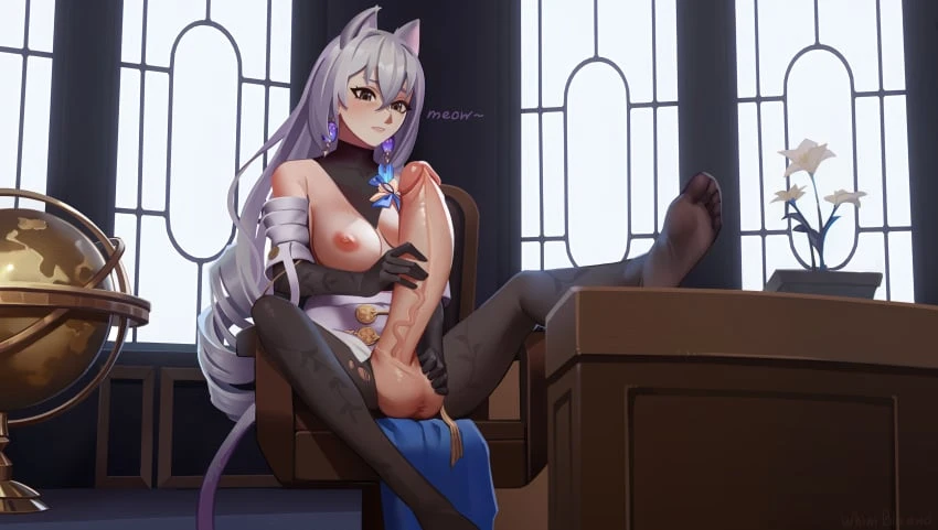 whim blaend, honkai: star rail, bronya zaychik, 1futa, animal humanoid, armchair, balls, big penis, breasts, bronya (honkai: star rail), cat humanoid, chair, clothed, clothing, ear piercing, ear ring, erection, felid, felid humanoid, feline, feline humanoid, furniture, futa only, futanari, genitals, globe, gynomorph, hall, humanoid, intersex, kemonomimi, mammal, mammal humanoid, masturbation, nude, office, penis, piercing, ring piercing, sitting, solo, table, vein, veiny penis, absurd res, hi res