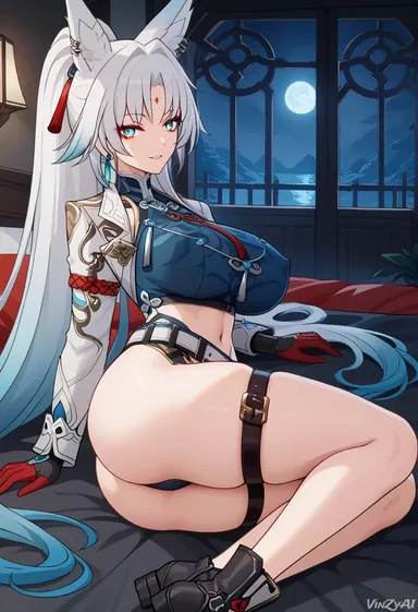 vinzyai, honkai: star rail, feixiao (honkai: star rail), big breasts, breasts, cleavage, cowboy shot, female, huge breasts, long hair, ponytail, thick thighs, thighs, white hair, ai generated, hi res